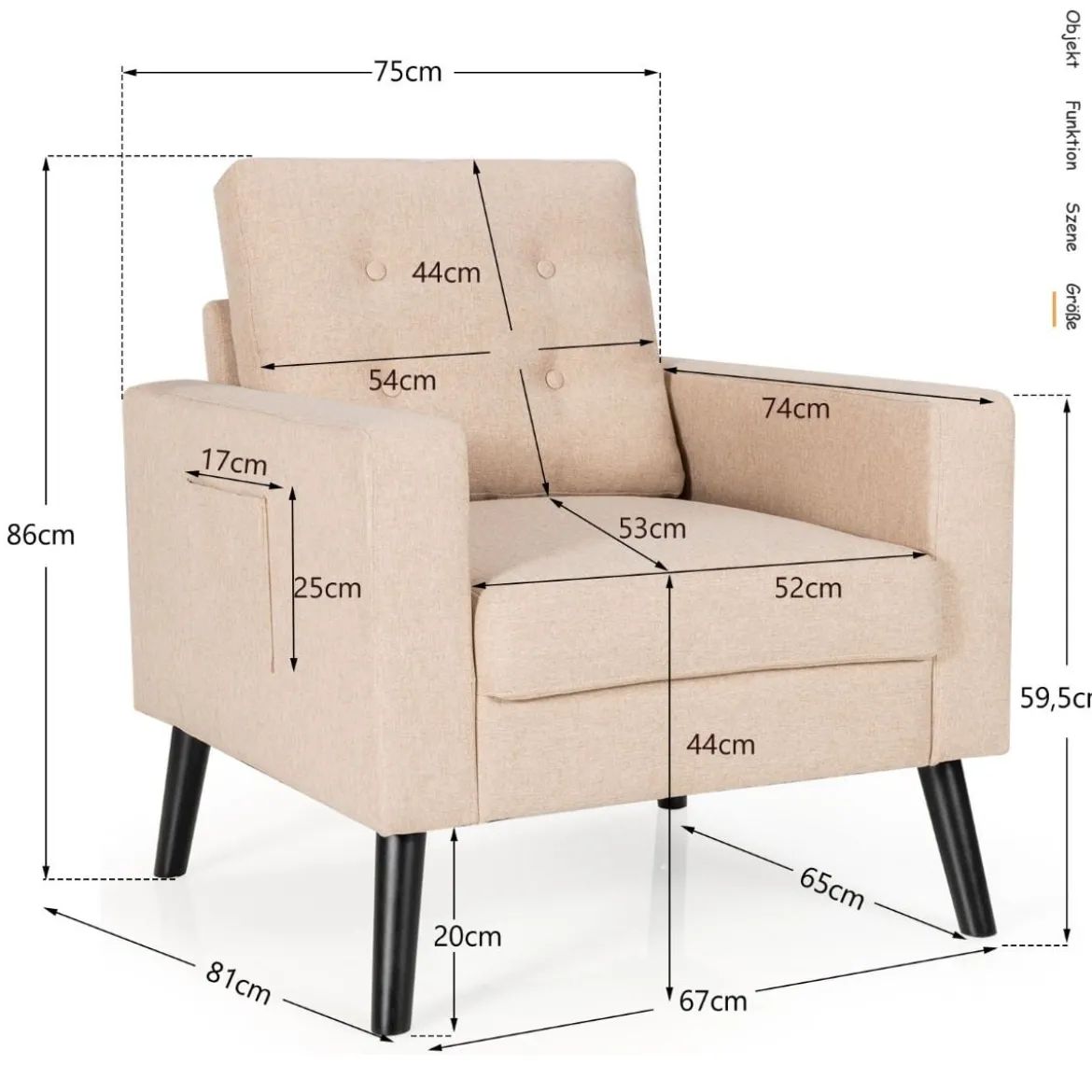 Sessel mit 2 Seitentaschen 53cm Sitztiefe Ohrensessel mit Armlehnen und Rückenkissen 75 x 81 x 86 cm Beige