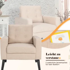 Sessel mit 2 Seitentaschen 53cm Sitztiefe Ohrensessel mit Armlehnen und Rückenkissen 75 x 81 x 86 cm Beige