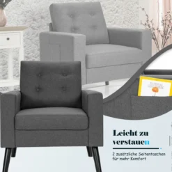 Sessel mit 2 Seitentaschen Ohrensessel mit Armlehnen und Rückenkissen 75 x 81 x 86 cm Grau 53cm Sitztiefe