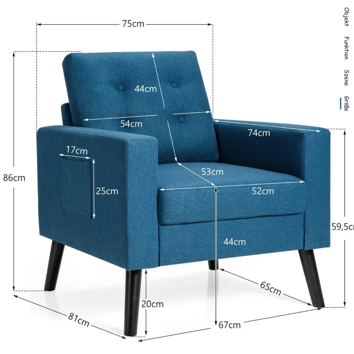 Sessel mit 2 Seitentaschen Ohrensessel mit Armlehnen und Rückenkissen 75 x 81 x 86 cm Blau 53cm Sitztiefe