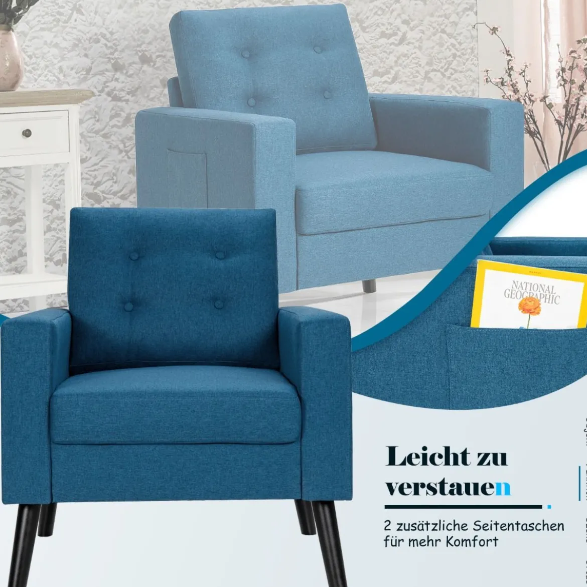 Sessel mit 2 Seitentaschen Ohrensessel mit Armlehnen und Rückenkissen 75 x 81 x 86 cm Blau 53cm Sitztiefe