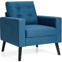 Sessel mit 2 Seitentaschen Ohrensessel mit Armlehnen und Rückenkissen 75 x 81 x 86 cm Blau 53cm Sitztiefe
