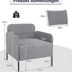 Sessel Wohnzimmer Einzelsofa mit Kissen Loungesessel mit Verstellbaren Fußpolstern 73 x 79 x 79 cm Grau