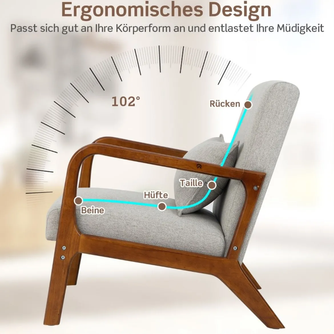 Sessel Wohnzimmer Loungesessel gepolstert Moderner Akzentstuhl Holz mit Armlehnen 65 x 79 x 77 cm