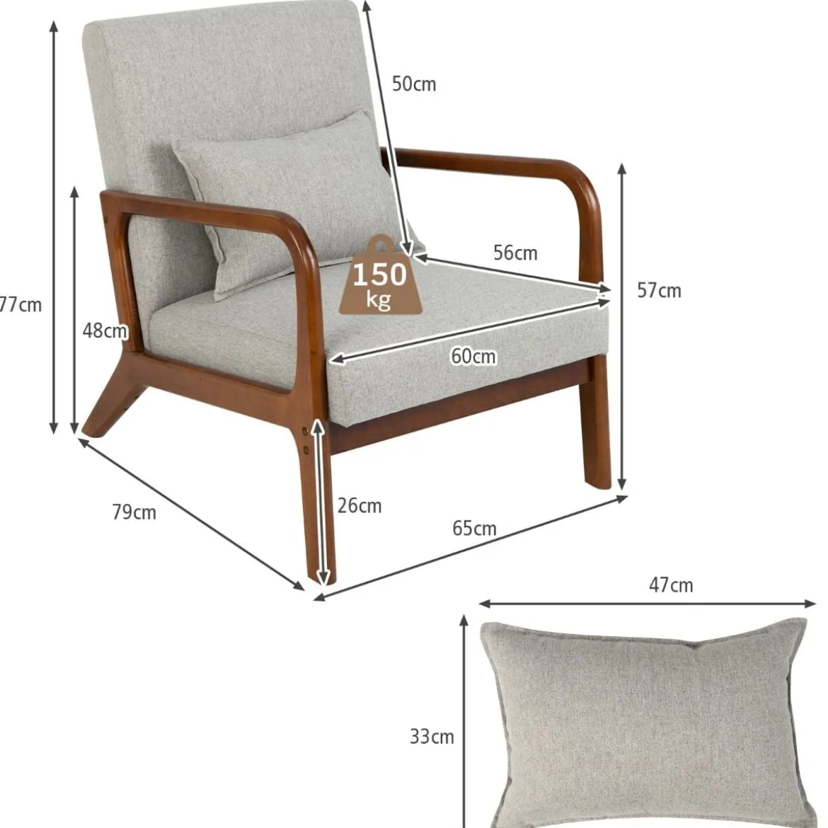 Sessel Wohnzimmer Loungesessel gepolstert Moderner Akzentstuhl Holz mit Armlehnen 65 x 79 x 77 cm