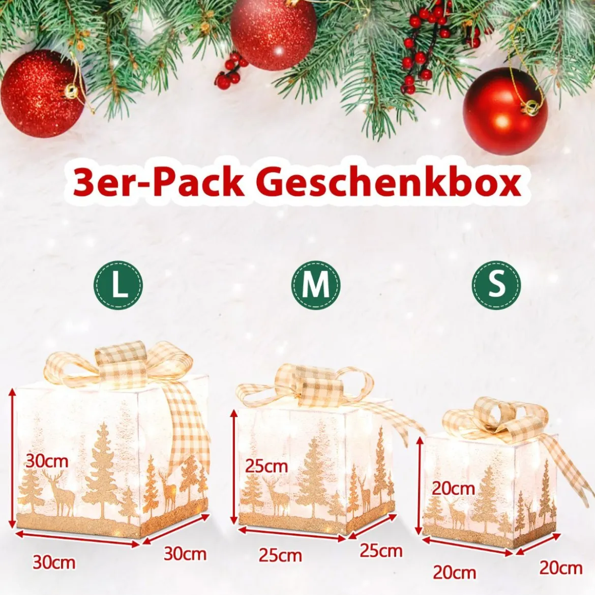 Set aus 3 Beleuchteten Weihnachtsgeschenkboxen Vorgedruckte Geschenkschachteln