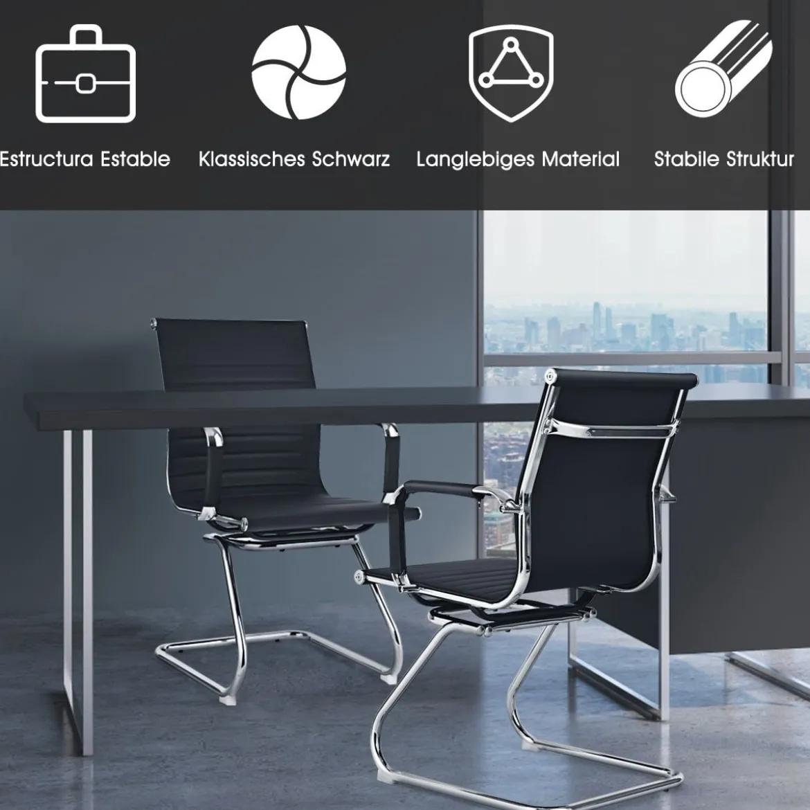 Set aus 8 Bürostühlen Moderne Konferenzstühle mit Mittlerer Rückenlehne & Kufengestell Schwarz