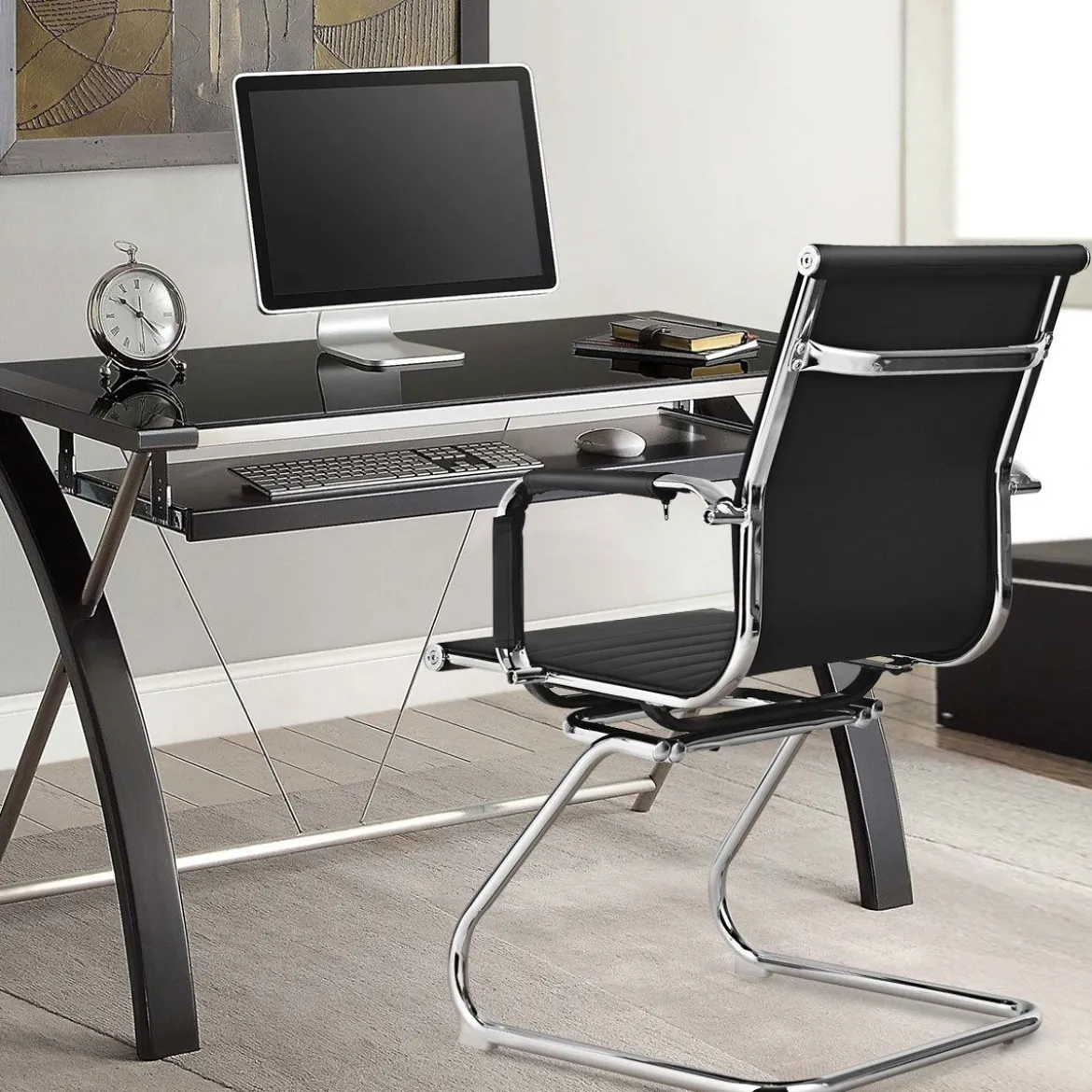 Set aus 8 Bürostühlen Moderne Konferenzstühle mit Mittlerer Rückenlehne & Kufengestell Schwarz