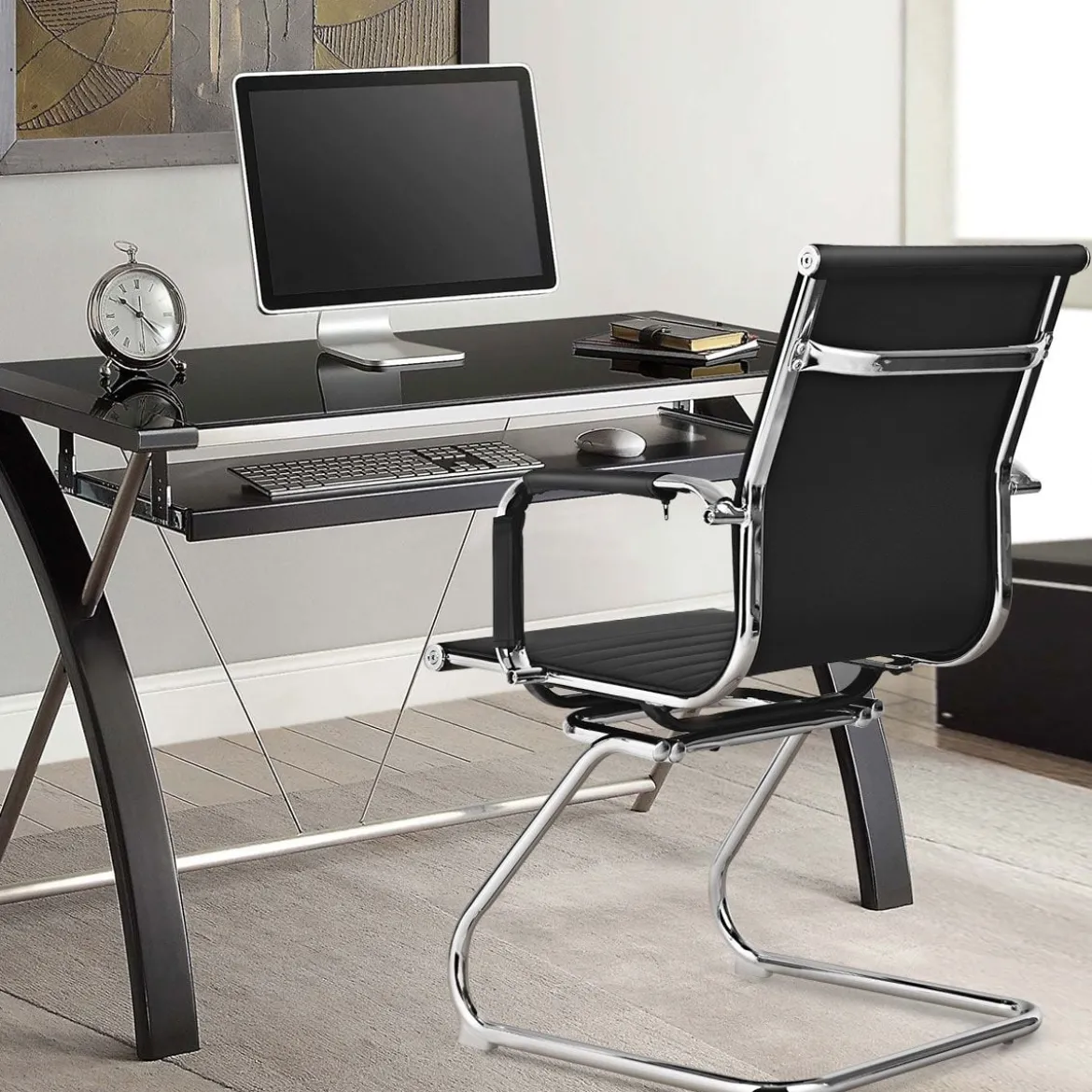 Set aus 2 Bürostühlen moderne Konferenzstühle mit mittlerer Rückenlehne & Kufengestell Schwarz