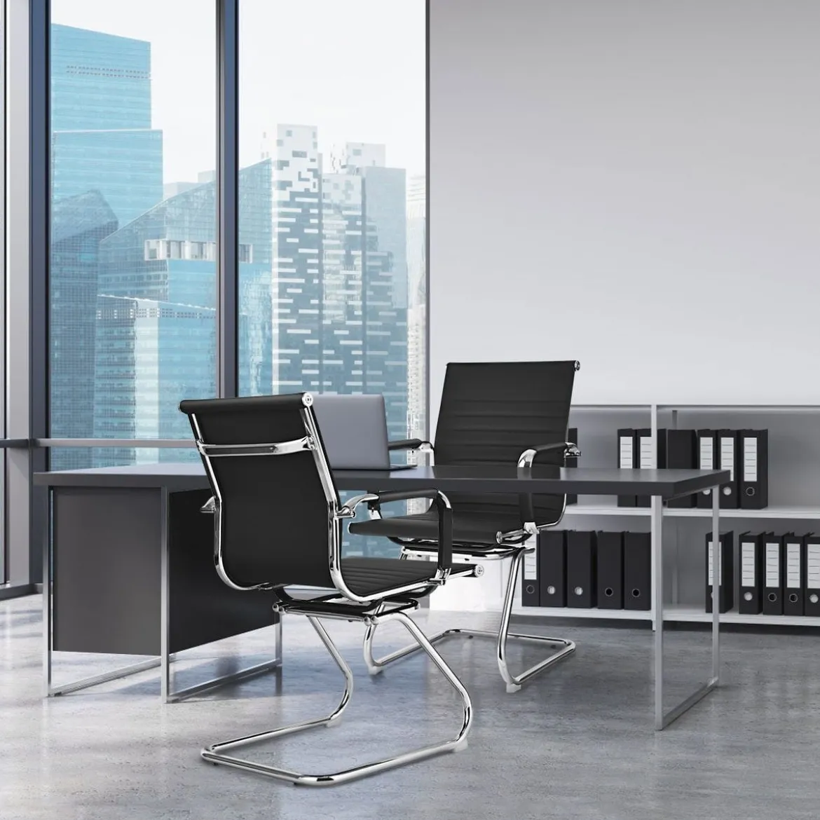 Set aus 2 Bürostühlen moderne Konferenzstühle mit mittlerer Rückenlehne & Kufengestell Schwarz