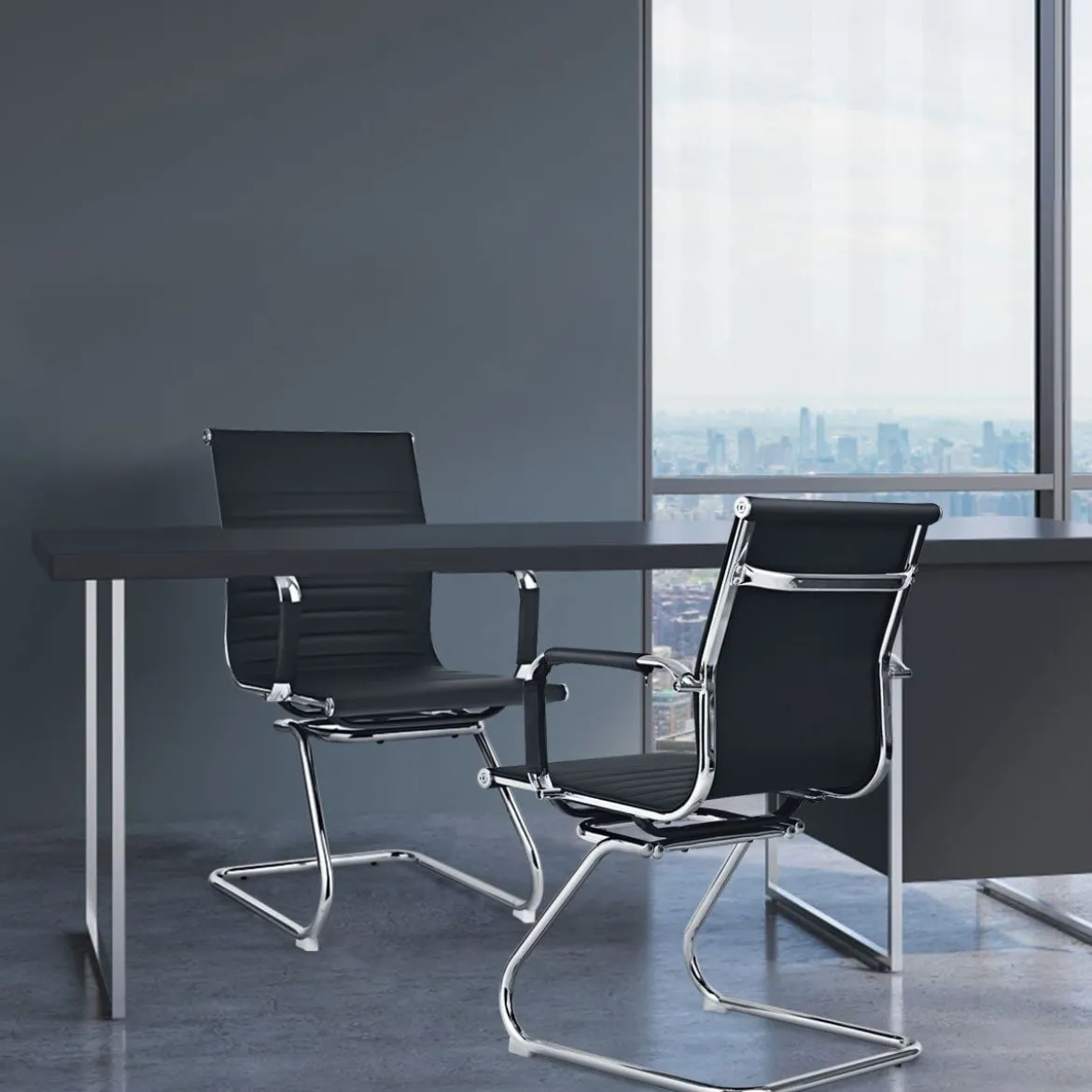 Set aus 10 Bürostühlen Moderne Konferenzstühle mit Mittlerer Rückenlehne & Kufengestell Schwarz
