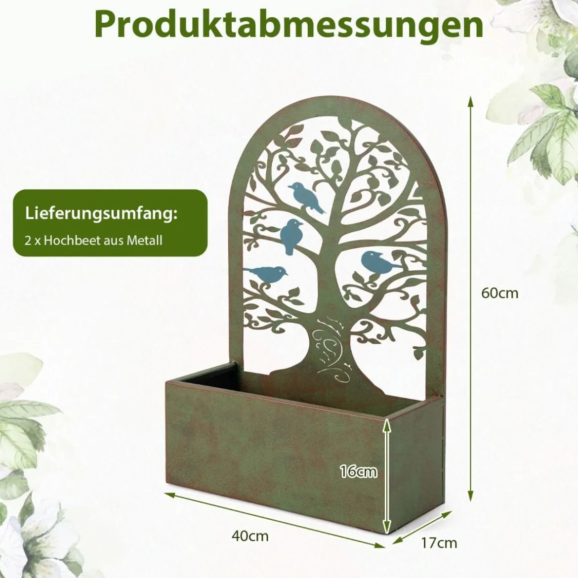 Set aus 2 dekorativen Hochbeeten für den Garten Wand-Pflanzkästen 40 x 17 x 60 cm Rost