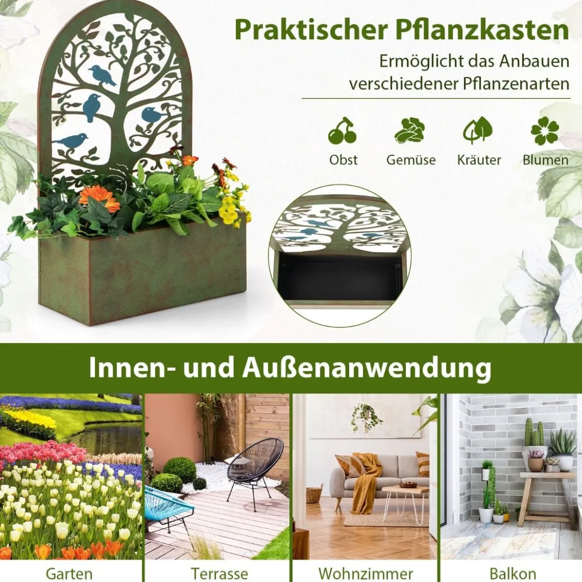 Set aus 2 dekorativen Hochbeeten für den Garten Wand-Pflanzkästen 40 x 17 x 60 cm Rost