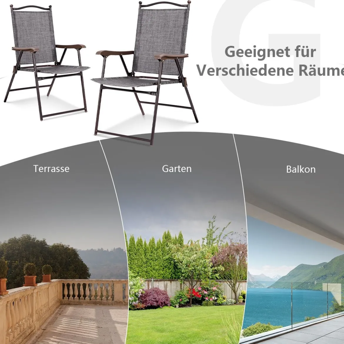 Set aus 2 Klappstühlen für die Terrasse klappbare Gartenstühle Grau
