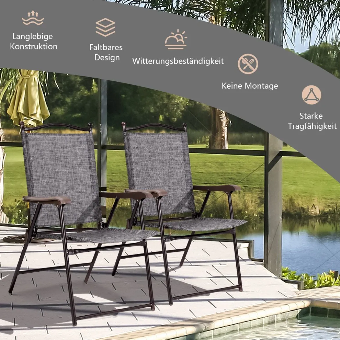 Set aus 2 Klappstühlen für die Terrasse klappbare Gartenstühle Grau