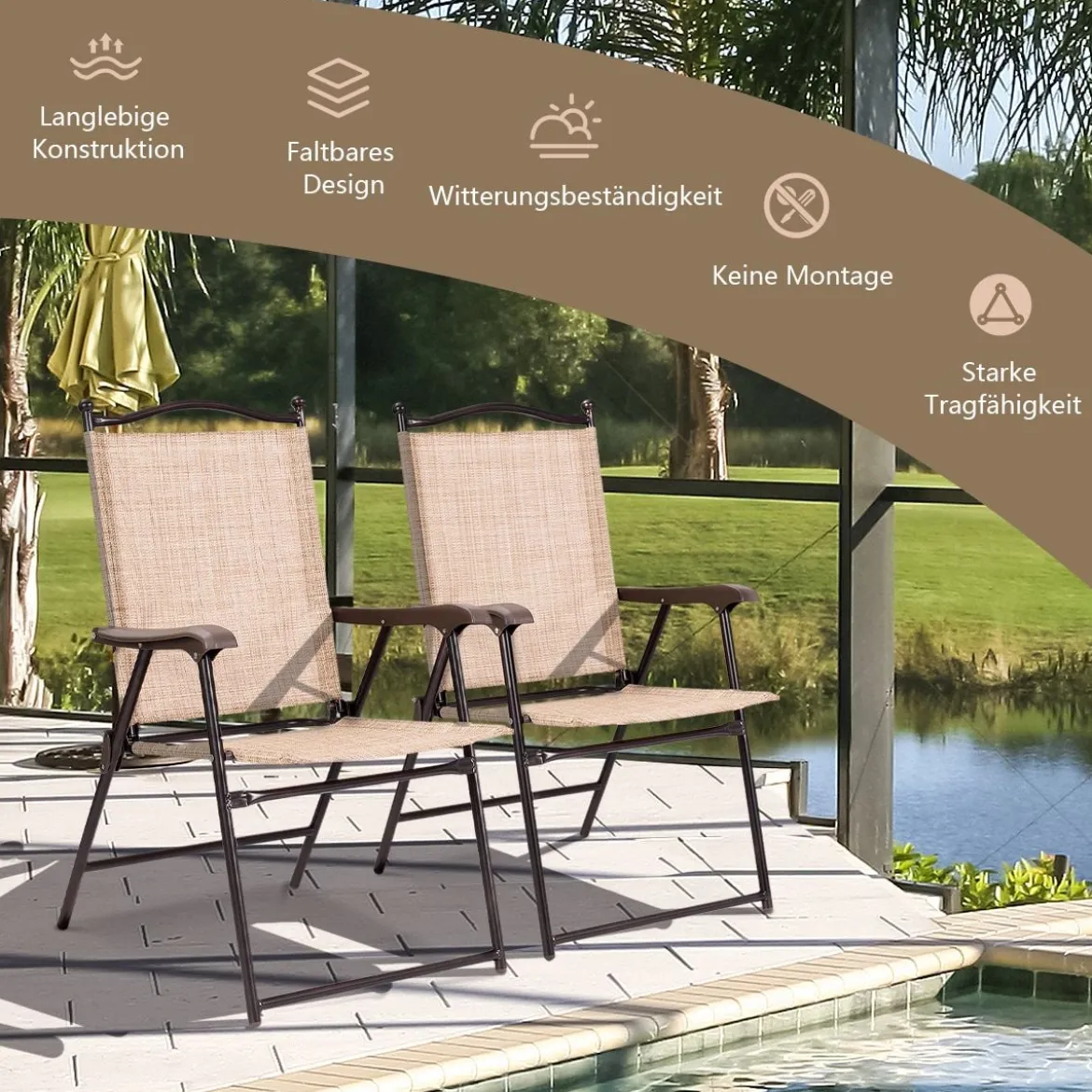 Set aus 2 Klappstühlen für die Terrasse klappbare Gartenstühle Beige