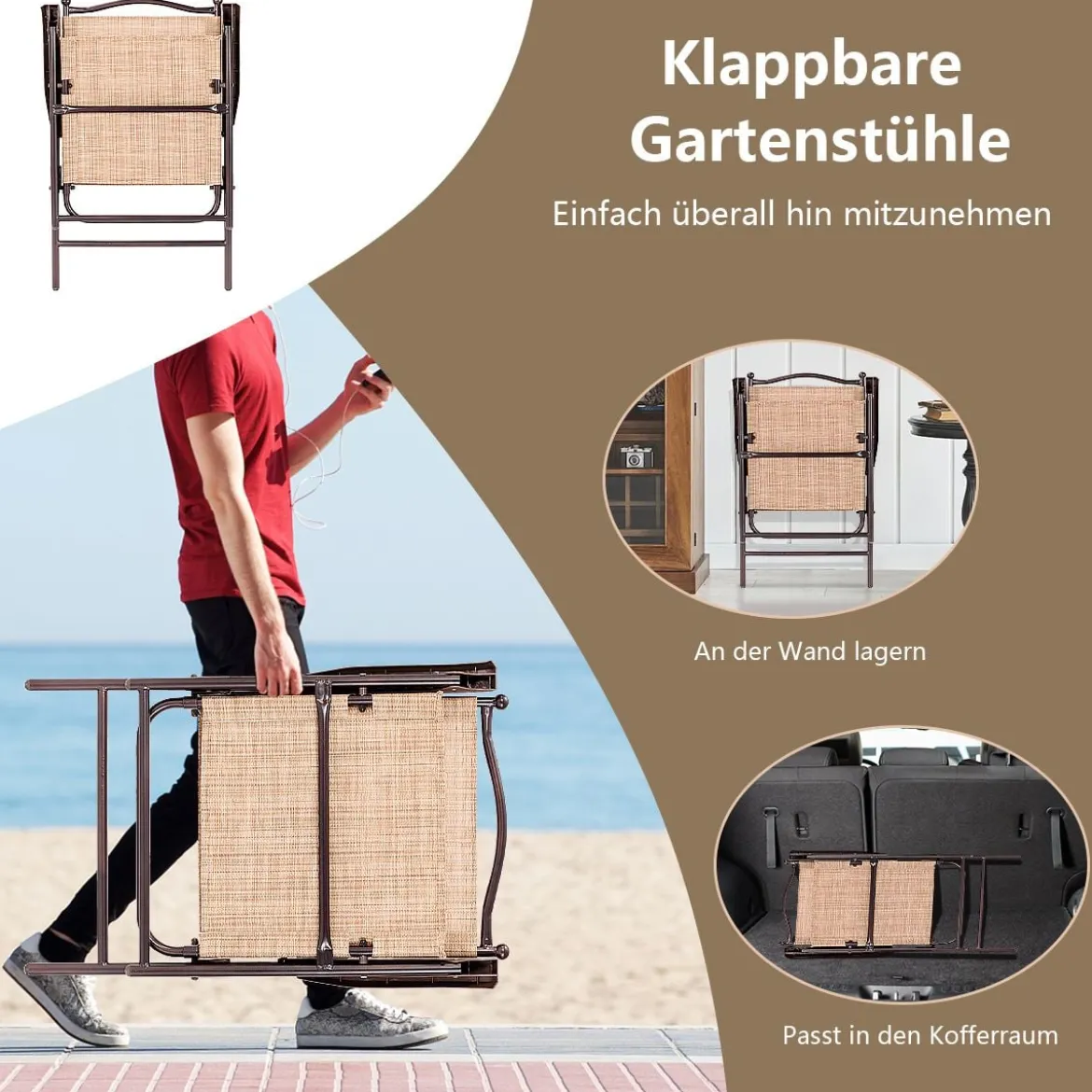 Set aus 2 Klappstühlen für die Terrasse klappbare Gartenstühle Beige