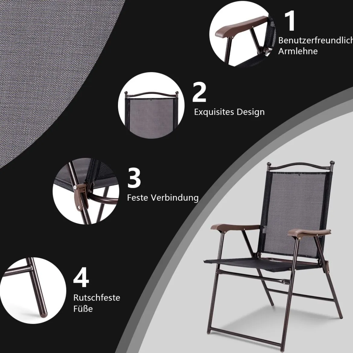 Set aus 2 Klappstühlen für die Terrasse klappbare Gartenstühle Schwarz