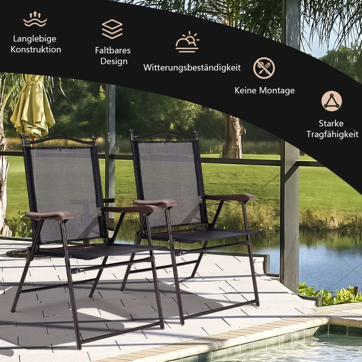 Set aus 2 Klappstühlen für die Terrasse klappbare Gartenstühle Schwarz