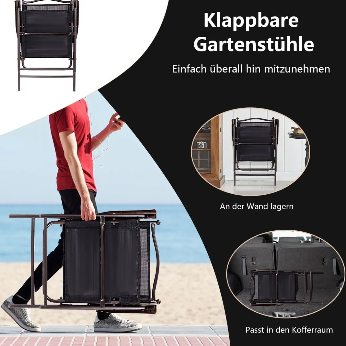 Set aus 2 Klappstühlen für die Terrasse klappbare Gartenstühle Schwarz