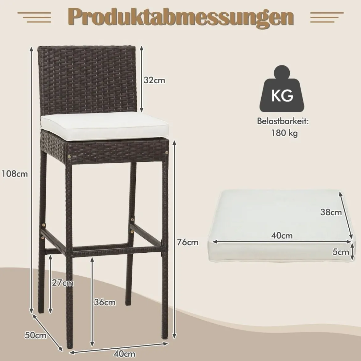 Set mit 4 Wicker Barhockern für die Terrasse 40 x 50 x 108 cm
