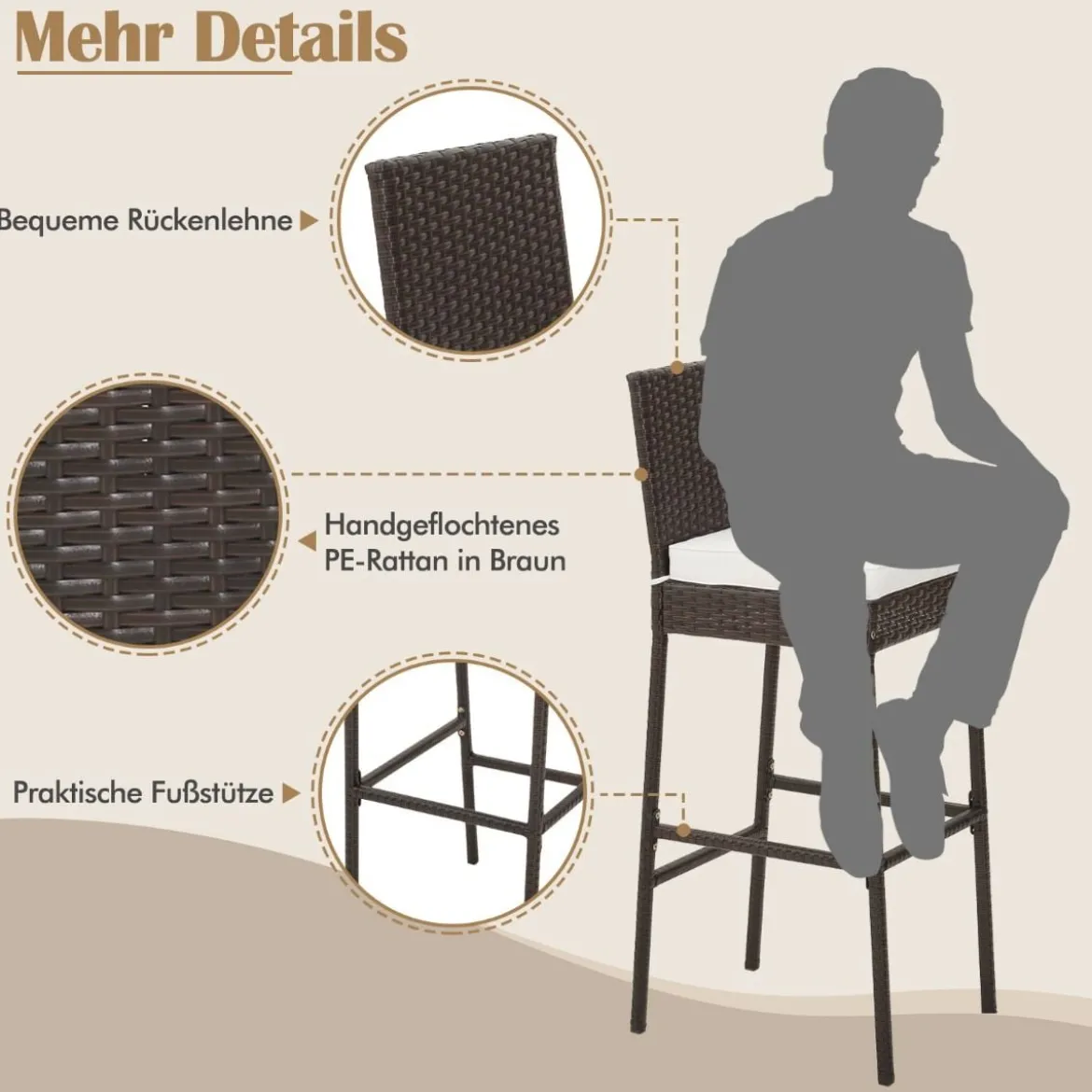 Set mit 4 Wicker Barhockern für die Terrasse 40 x 50 x 108 cm