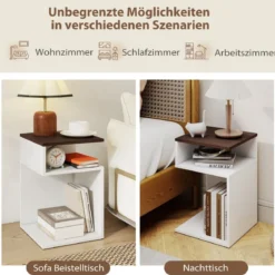 S-förmiger Beistelltisch mit 2 Offenen Fächern Nachttisch 3 Ebenen Sofatisch Weiß + Walnuss