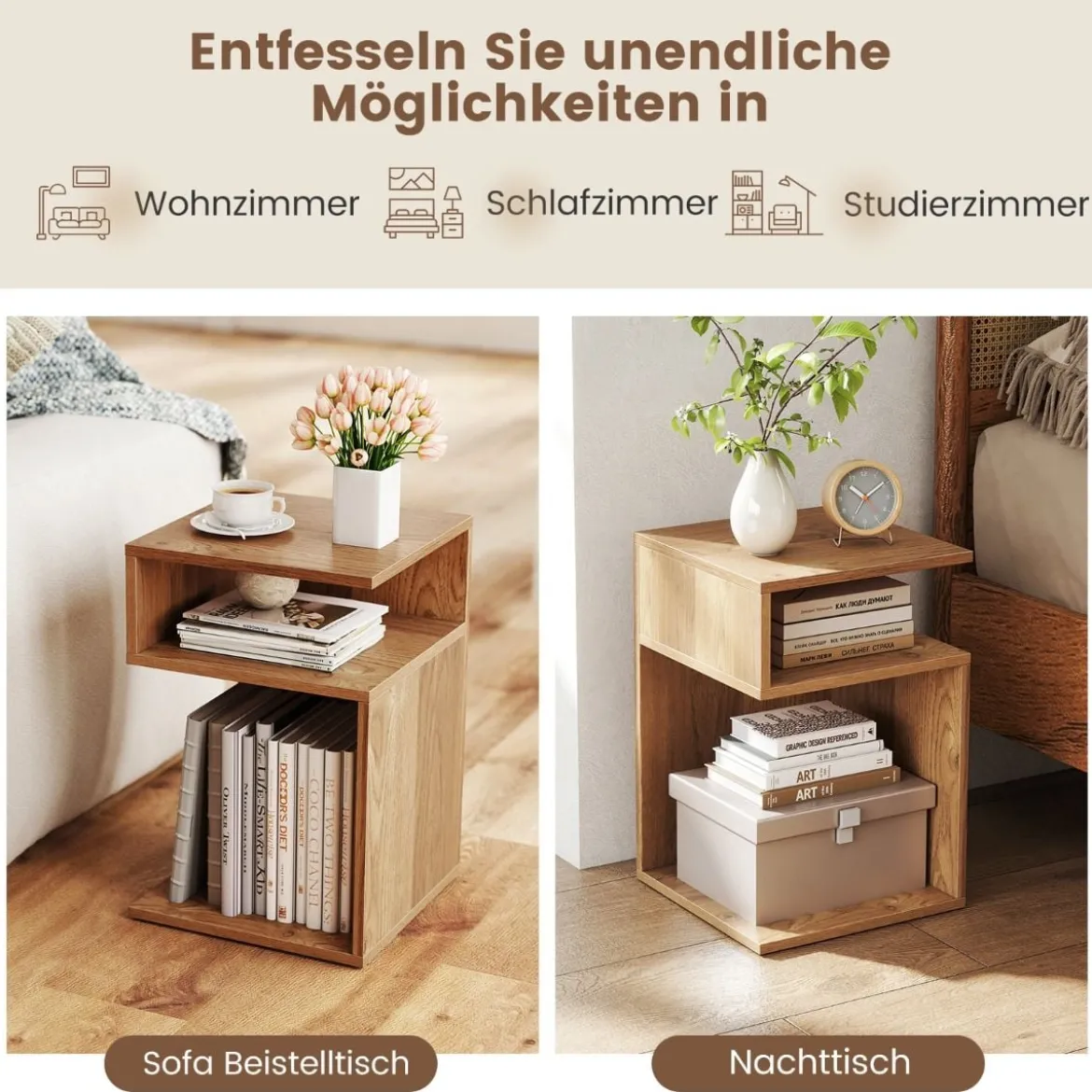 S-förmiger Beistelltisch mit 2 Offenen Fächern Moderner Nachttisch 3 Ebenen Sofatisch Natur