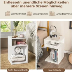 S-förmiger Beistelltisch mit 2 Offenen Fächern Moderner Nachttisch 33 x 33 x 50 cm Weiß