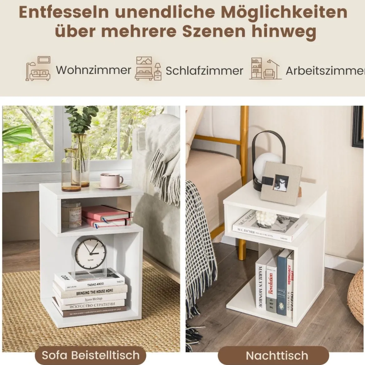 S-förmiger Beistelltisch mit 2 Offenen Fächern Moderner Nachttisch 33 x 33 x 50 cm Weiß