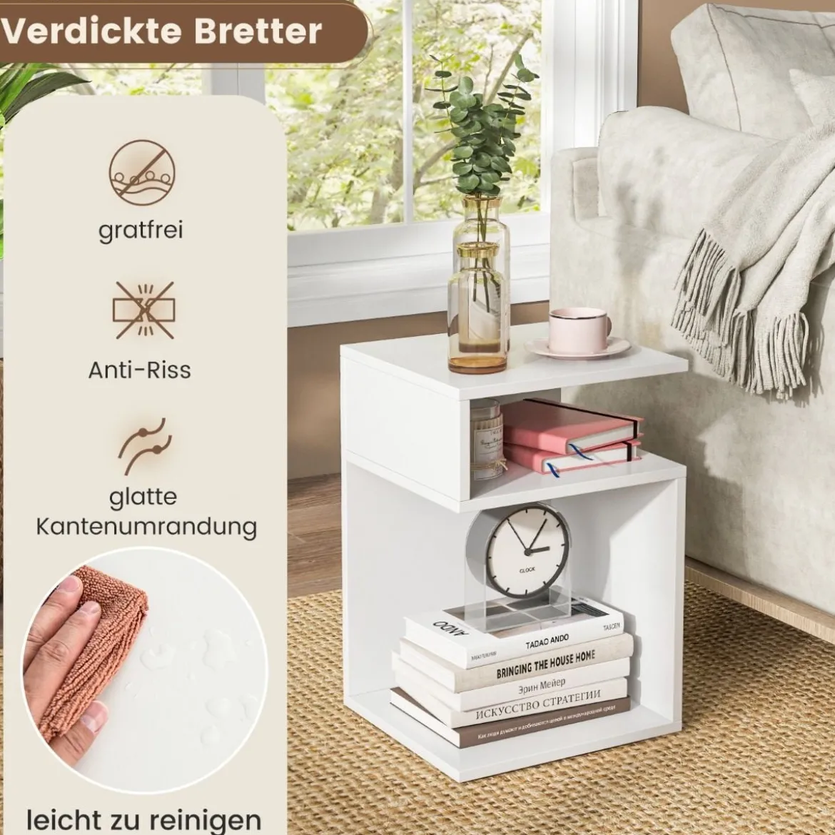 S-förmiger Beistelltisch mit 2 Offenen Fächern Moderner Nachttisch 33 x 33 x 50 cm Weiß