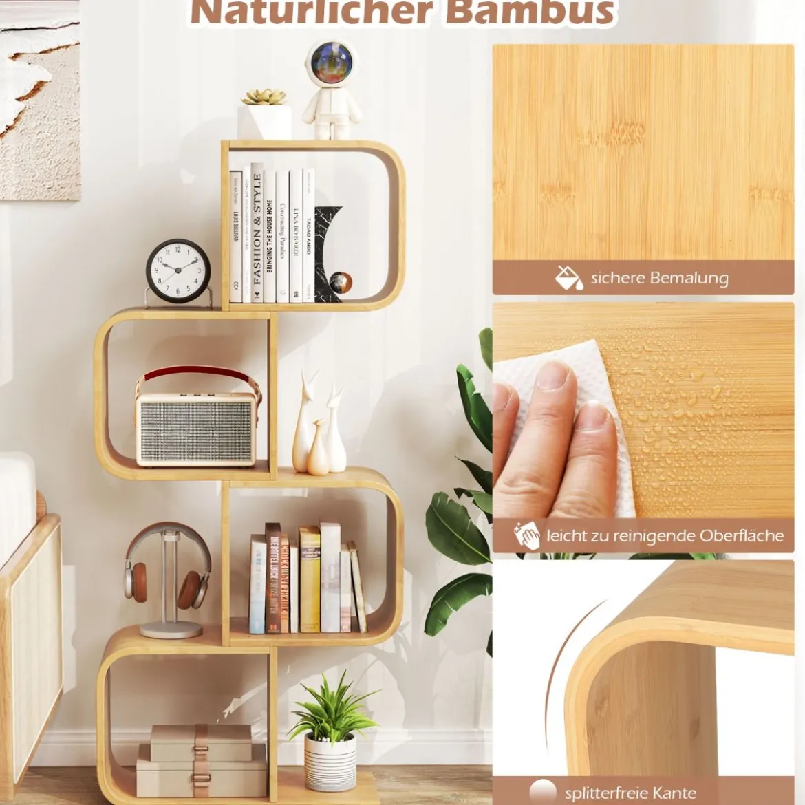 S-förmiges Bücherregal aus Bambus mit 4 Ebenen Standregal Würfelregal Büroregal 61 x 23 x 133,5 cm