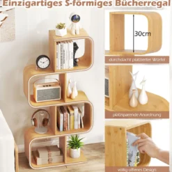 S-förmiges Bücherregal aus Bambus mit 4 Ebenen Standregal Würfelregal Büroregal 61 x 23 x 133,5 cm