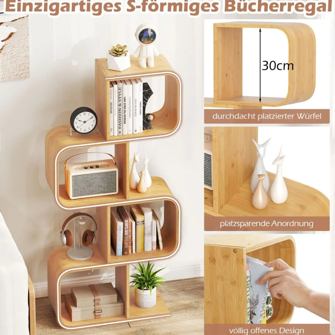 S-förmiges Bücherregal aus Bambus mit 4 Ebenen Standregal Würfelregal Büroregal 61 x 23 x 133,5 cm