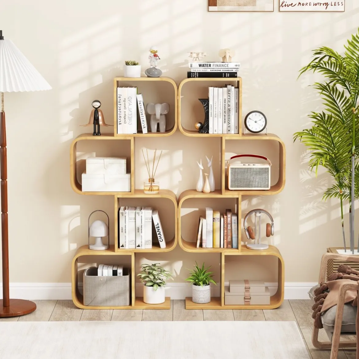 S-förmiges Bücherregal aus Bambus mit 4 Ebenen Standregal Würfelregal Büroregal 61 x 23 x 133,5 cm
