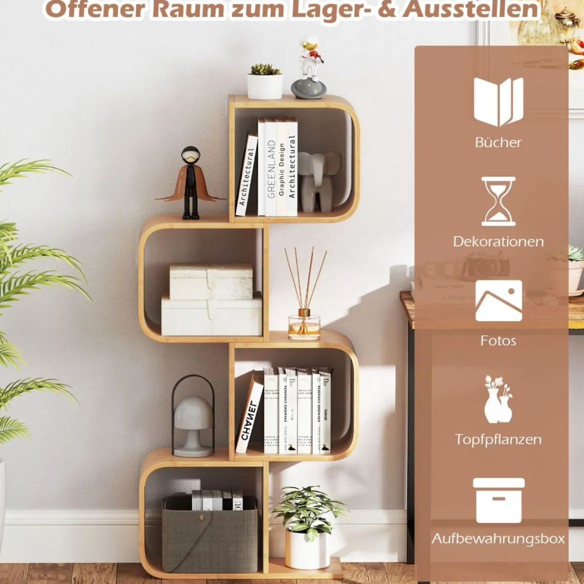 S-förmiges Bücherregal aus Bambus mit 4 Ebenen Standregal Würfelregal Büroregal 61 x 23 x 133,5 cm