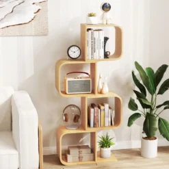 S-förmiges Bücherregal aus Bambus mit 4 Ebenen Standregal Würfelregal Büroregal 61 x 23 x 133,5 cm
