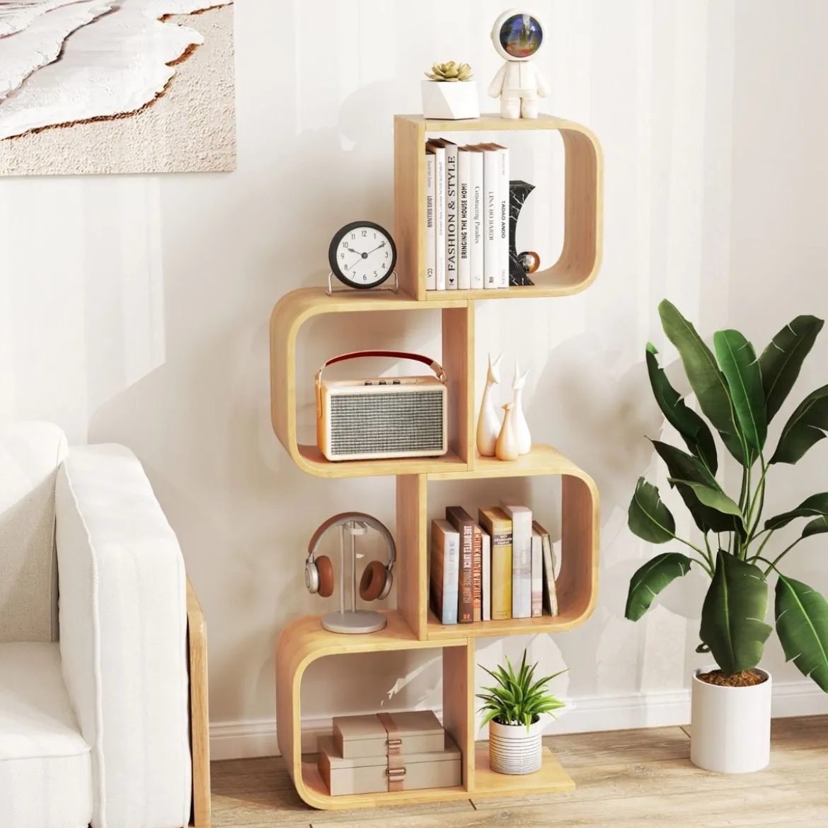S-förmiges Bücherregal aus Bambus mit 4 Ebenen Standregal Würfelregal Büroregal 61 x 23 x 133,5 cm