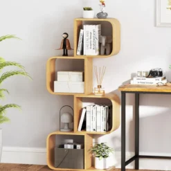 S-förmiges Bücherregal aus Bambus mit 4 Ebenen Standregal Würfelregal Büroregal 61 x 23 x 133,5 cm