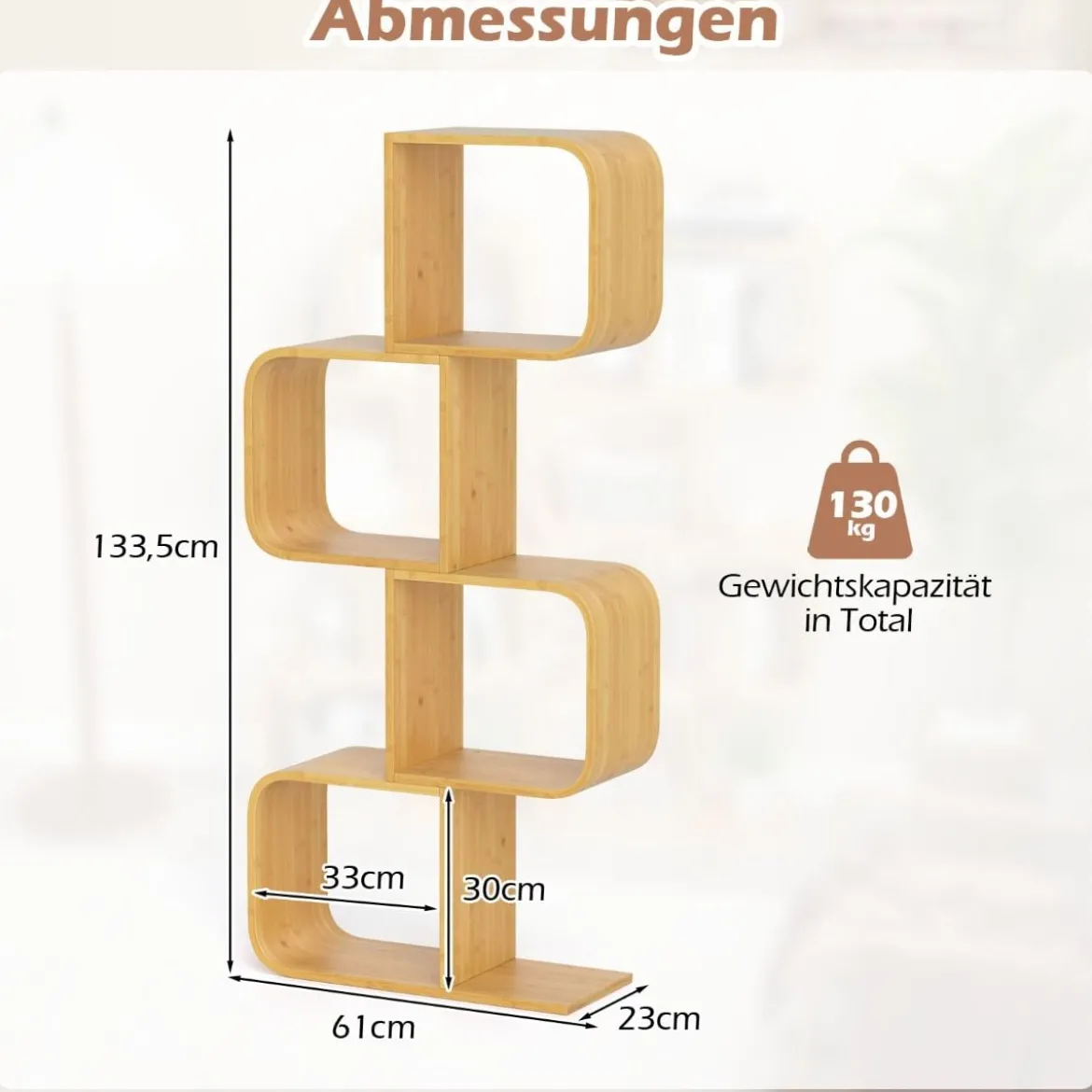S-förmiges Bücherregal aus Bambus mit 4 Ebenen Standregal Würfelregal Büroregal 61 x 23 x 133,5 cm