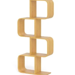 S-förmiges Bücherregal aus Bambus mit 4 Ebenen Standregal Würfelregal Büroregal 61 x 23 x 133,5 cm