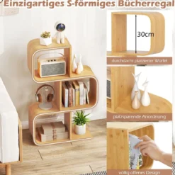 S-förmiges Bücherregal aus Bambus mit 3 Ebenen Standregal Würfelregal Büroregal 61 x 23 x 100 cm