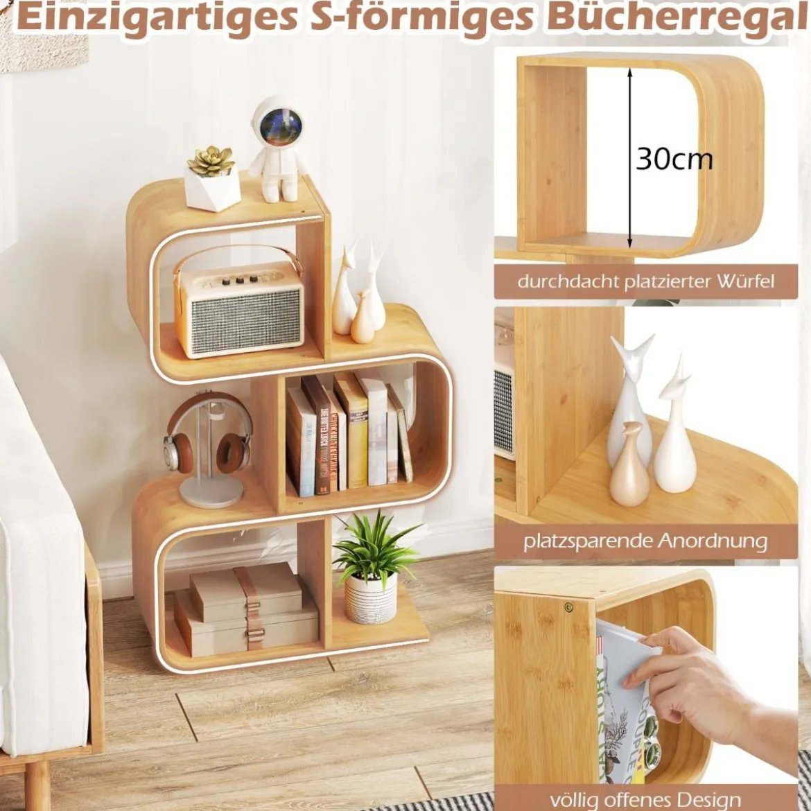 S-förmiges Bücherregal aus Bambus mit 3 Ebenen Standregal Würfelregal Büroregal 61 x 23 x 100 cm