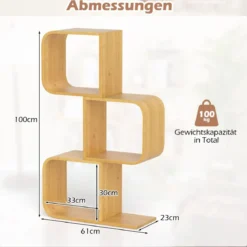 S-förmiges Bücherregal aus Bambus mit 3 Ebenen Standregal Würfelregal Büroregal 61 x 23 x 100 cm