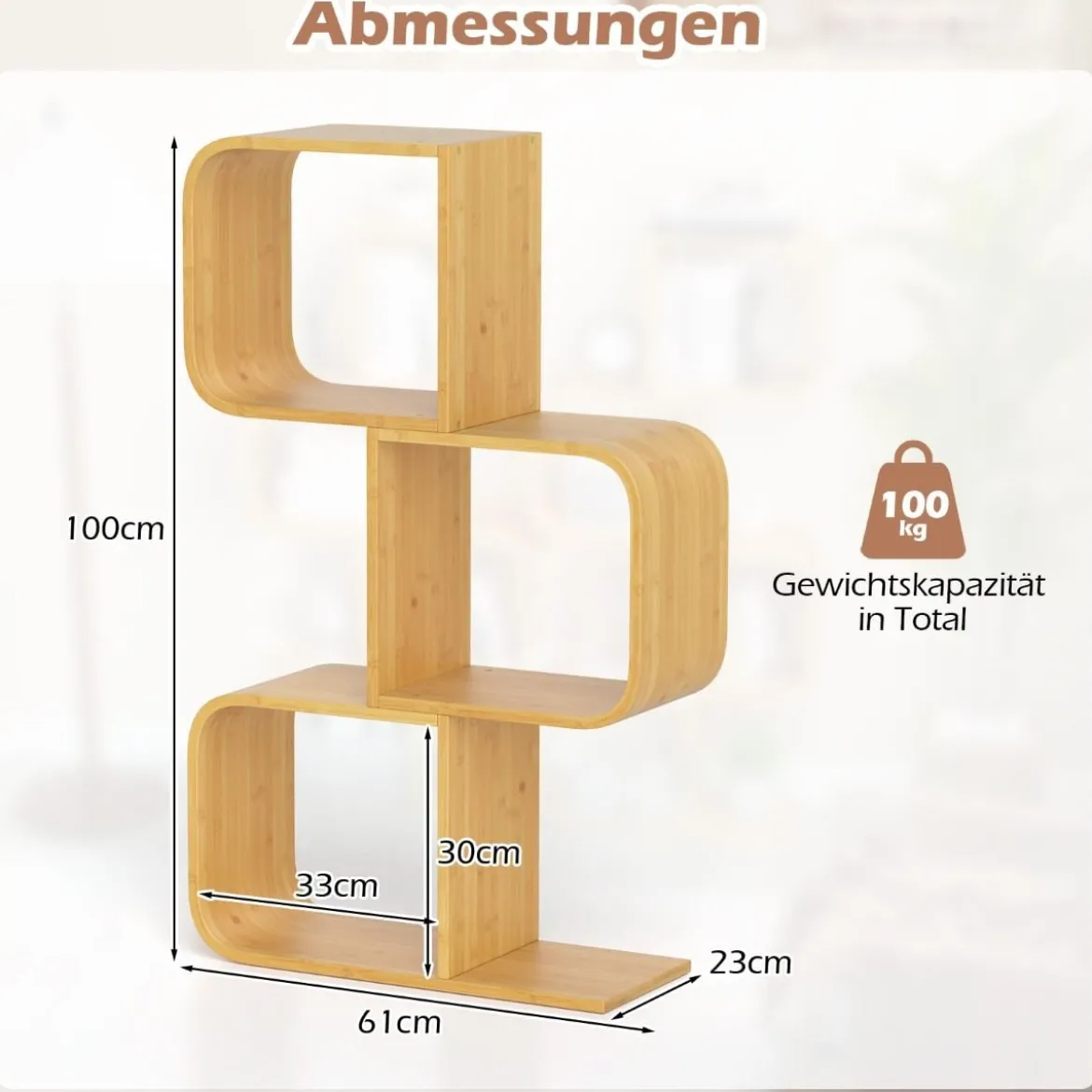 S-förmiges Bücherregal aus Bambus mit 3 Ebenen Standregal Würfelregal Büroregal 61 x 23 x 100 cm