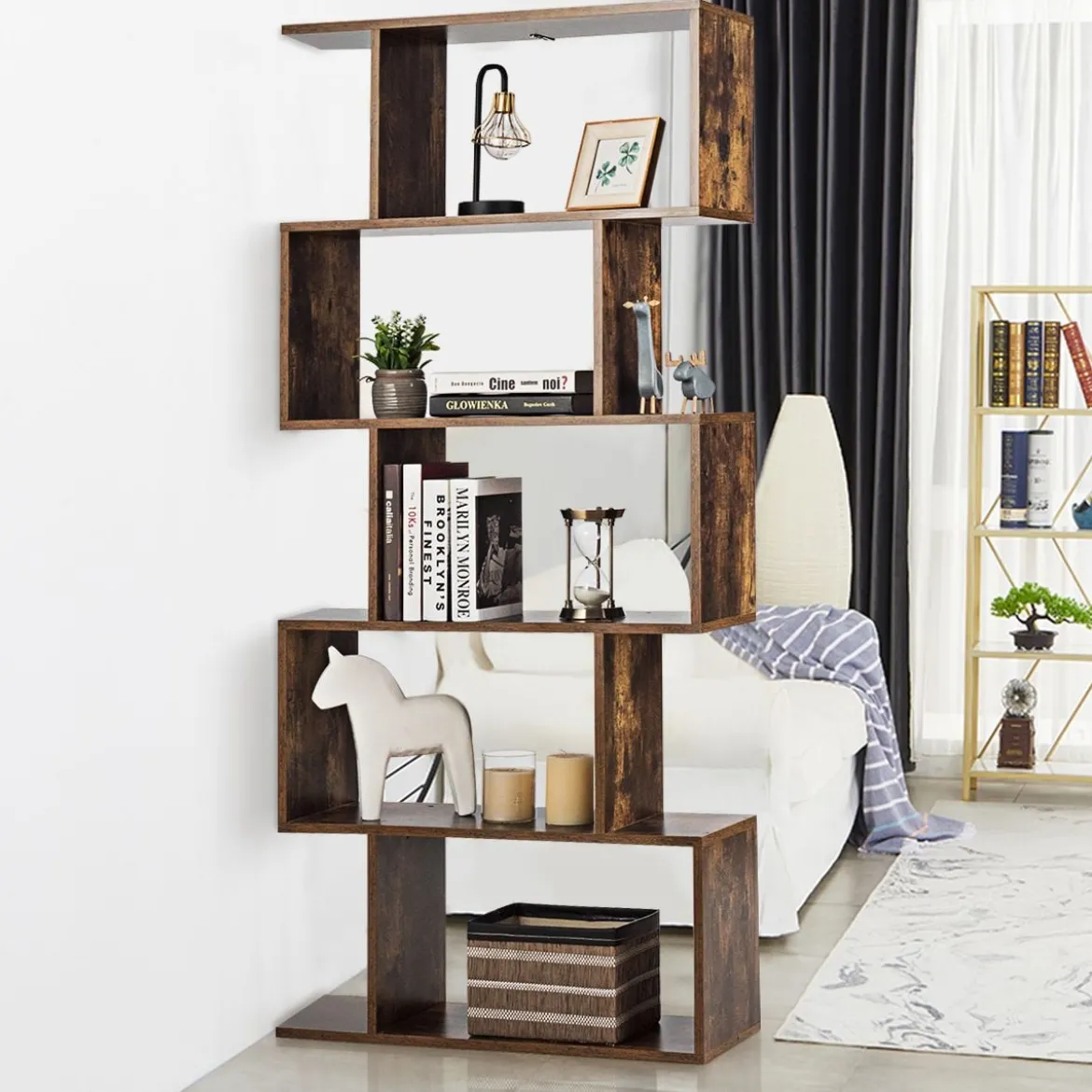 S-förmiges Bücherregal Holz Bücherschrank 5 Ebenen Standregal Vintage 70 x 24 x 158 cm Braun