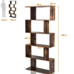 S-förmiges Bücherregal Holz Bücherschrank 5 Ebenen Standregal Vintage 70 x 24 x 158 cm Braun