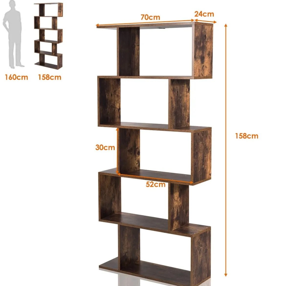 S-förmiges Bücherregal Holz Bücherschrank 5 Ebenen Standregal Vintage 70 x 24 x 158 cm Braun