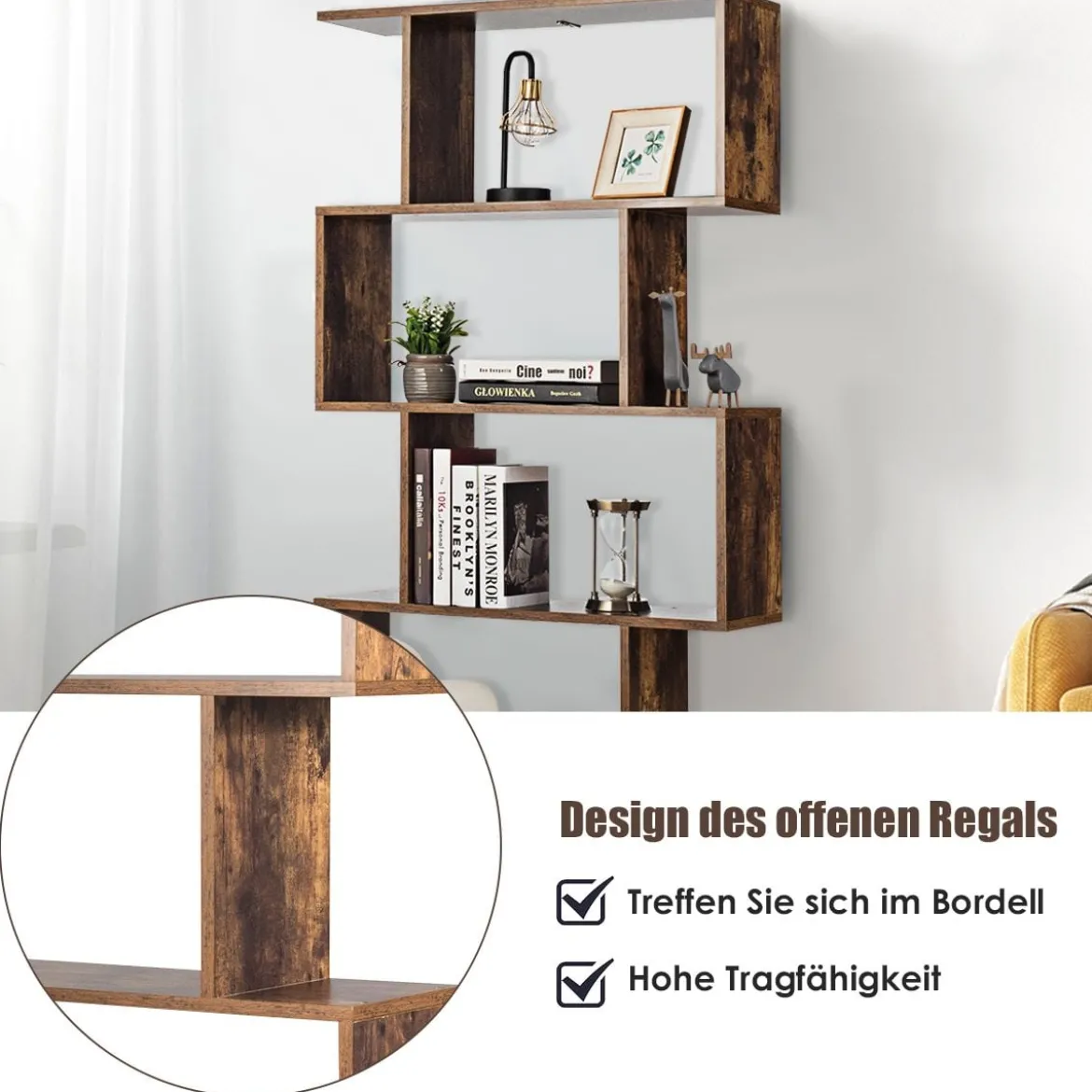 S-förmiges Bücherregal Holz Bücherschrank 5 Ebenen Standregal Vintage 70 x 24 x 158 cm Braun