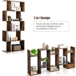 S-förmiges Bücherregal Holz Bücherschrank 5 Ebenen Standregal Vintage 70 x 24 x 158 cm Braun
